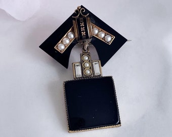 Victorian Onyx Brooch: Seed Pearl & Rhinestone Mourning Jewelry