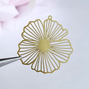 laser cut brass flower finding hibiscus orchid floral charm flower pendant lightweight earring supply jewelry finding, x 2 pcs