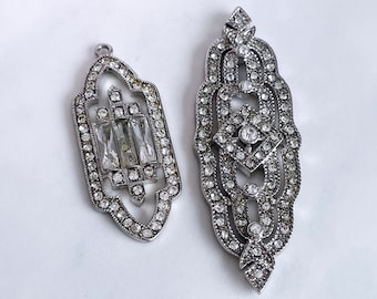 art deco rhinestone pendant brooch supply jewelry destash vintage style bridal wedding jewelry findings, x 2 pcs