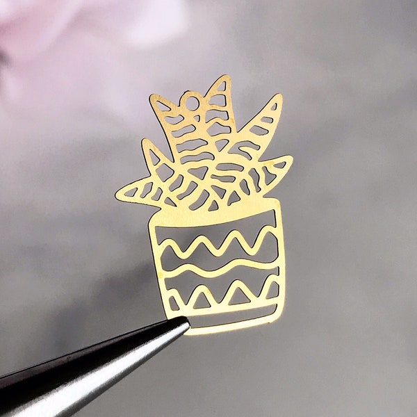 brass succulent charm plant charm laser cut cactus charm potted plant earring finding brass jewelry supply southwest boho, x 6 pcs