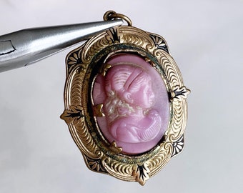 vintage cameo locket pendant pink glass cameo 1930s jewelry