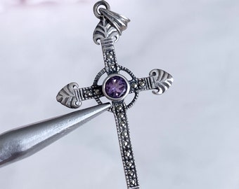 Vintage Sterling Silver Cross Pendant: Marcasite & Amethyst Rosary Cross