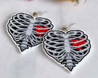 Rib Cage Heart Earrings: Spooky Skeleton Jewelry, Halloween Costume