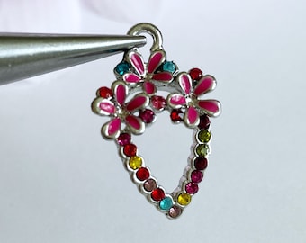 Rhinestone Heart Charms: Multicolor Enamel Flower Jewelry Finding (2 pcs)