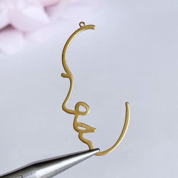 brass face profile pendant long face earring charms modern face outline gold face jewelry, x 4 pcs