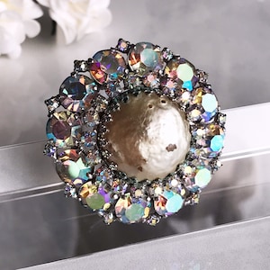 Rhinestone Circle Pin White Beads Aurora Borealis