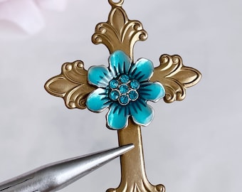 Brass Cross Pendant: Vintage Style Blue Enamel Flower Rosary