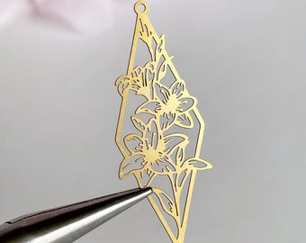 brass orchid charm laser cut flower finding filigree floral earring supply brass jewelry supply bohemian jewelry, x 4 pcs