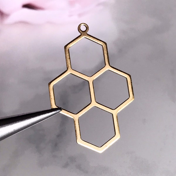 Brass Honeycomb Pendants: Geometric Hexagon Charms (4 pcs)