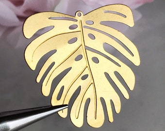 large monstera leaf pendant brass monstera leaf earring supply gold succulent leaf charm jewelry supplies, x 2 pcs