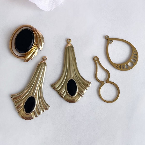 vintage jewelry drops gold black earring findings charms pendants art deco art nouveau moon phase jewelry destash, x 5 pcs