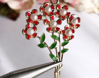 Gold Flower Bouquet Pendant: Red Enamel Floral Charm with Faux Pearls