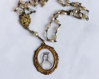 vintage rosary necklace virgin mary pendant faux pearl rosary prayer card portrait catholic religious assemblage jewelry handmade ooak