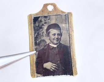 tintype photo little boy antique gemtype young boy brass pendant tag victorian steampunk jewelry supply black and white sepia photography