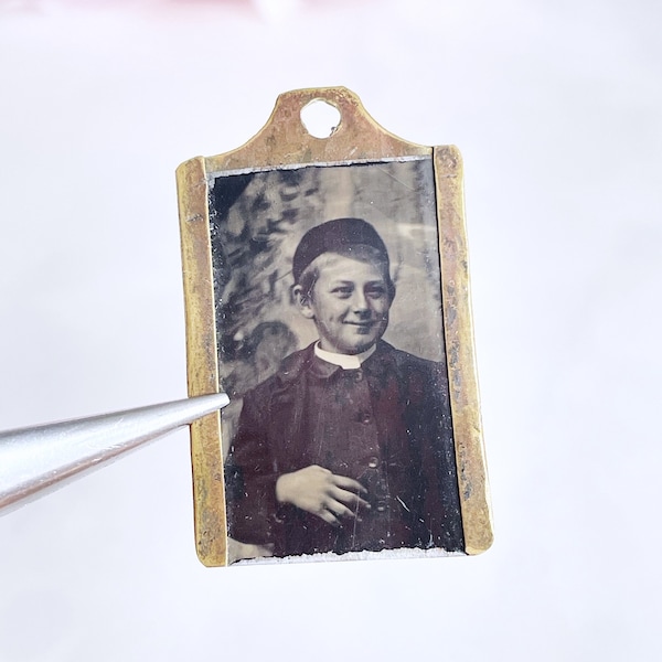 tintype photo little boy antique gemtype young boy brass pendant tag victorian steampunk jewelry supply black and white sepia photography