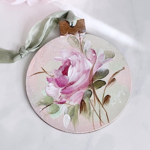 hand painted Christmas ornament wooden Shabby Chic pink rose tree decoration