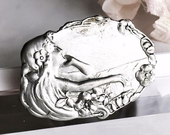 Vintage Art Nouveau Brooch: Silver Lady with Flowers