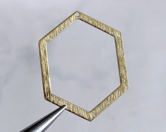 large hexagon hoop textured brass hexagon earring finding brushed brass geometric jewelry supply, x 4 pcs