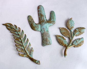 verdigris brass cactus leaf leaves green patina brass stampings desert nature boho jewelry findings, x 3 pcs