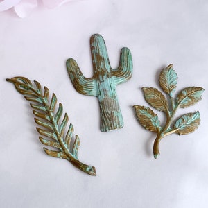 verdigris brass cactus leaf leaves green patina brass stampings desert nature boho jewelry findings, x 3 pcs image 1