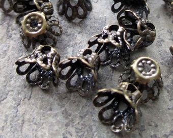 6 mm x 5 mm filigree bead caps antiqued bronze brass small basket vintage style, lot of 50 pcs
