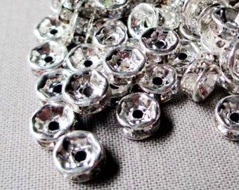 6mm rhinestone rondelle beads shiny silver clear spacer straight edge vintage style medium, x 20 pcs