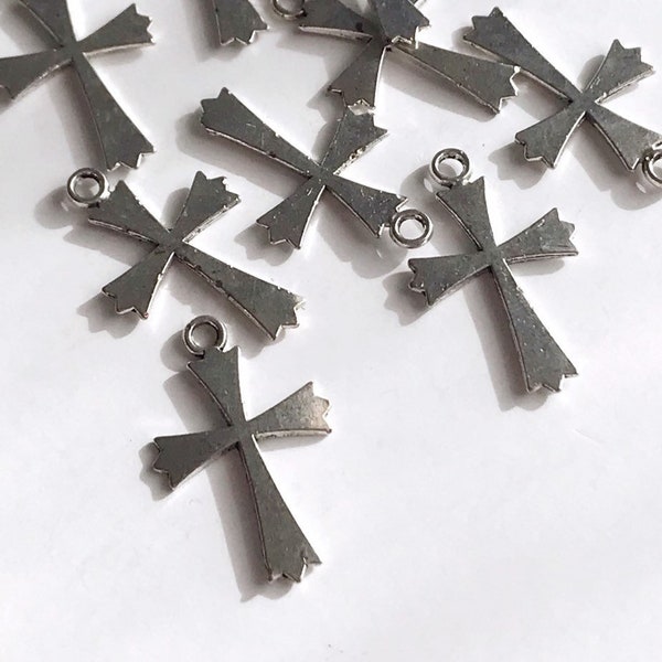 silver toned cross charm x 10 catholic religious gothic rosary medal jewelry supply, 10 pcs