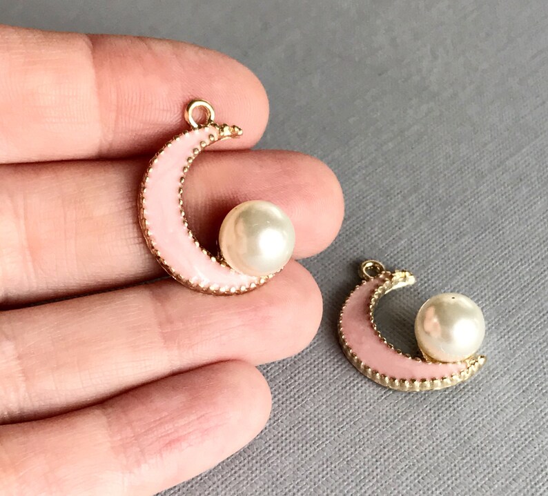 crescent moon charm x 2 pink moon pink enamel moon faux pearl moon celestial charm moon pendant gold moon bracelet earring supply 2 pcs
