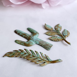 verdigris brass cactus leaf leaves green patina brass stampings desert nature boho jewelry findings, x 3 pcs image 2