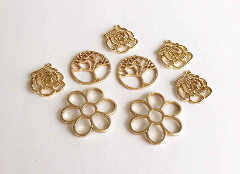 8 pcs gold flower charms gold rose charms gold tree charms flower pendants earring supplies jewelry findings