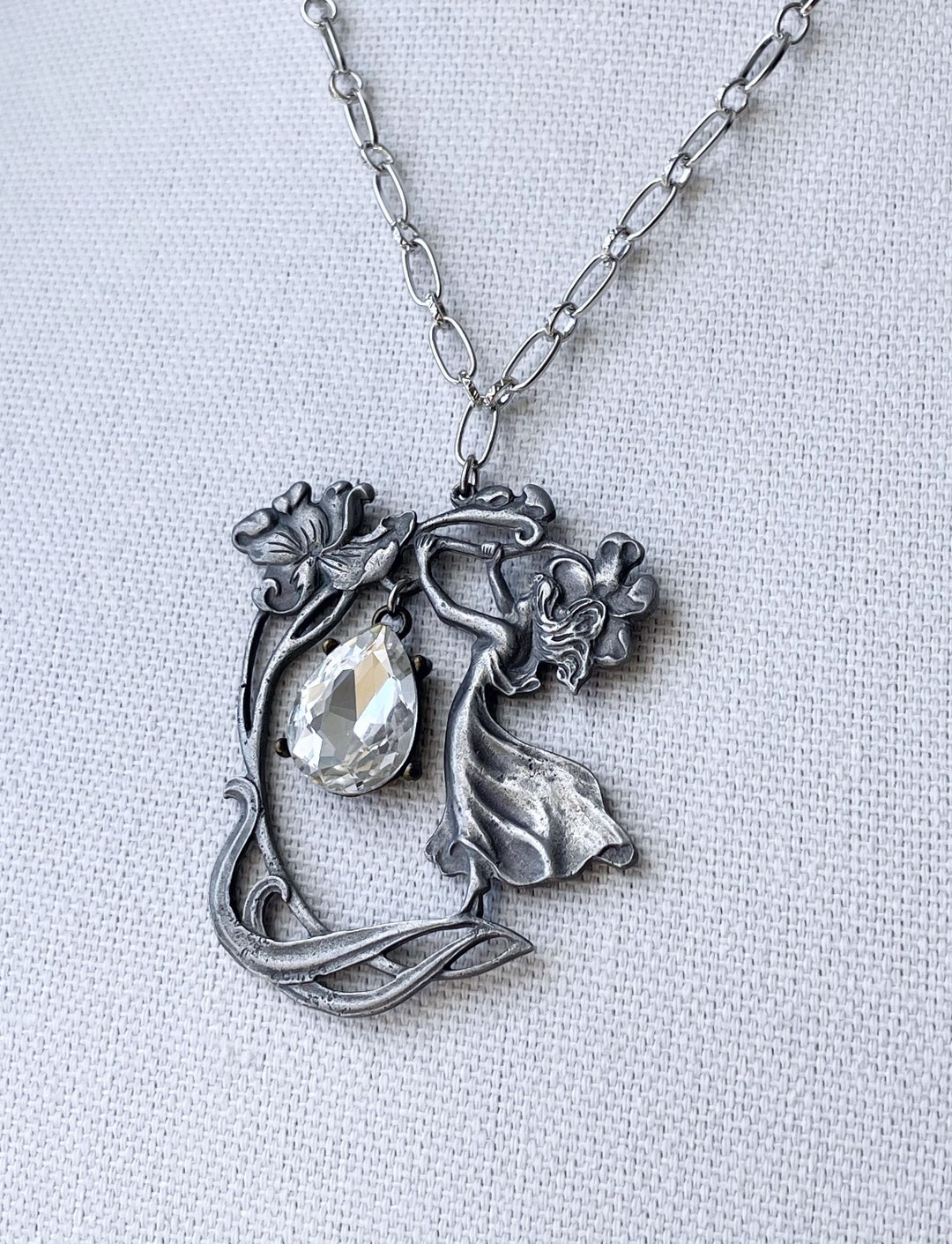 Vintage Art Nouveau Necklace Woman Goddess Floral Statement Necklace