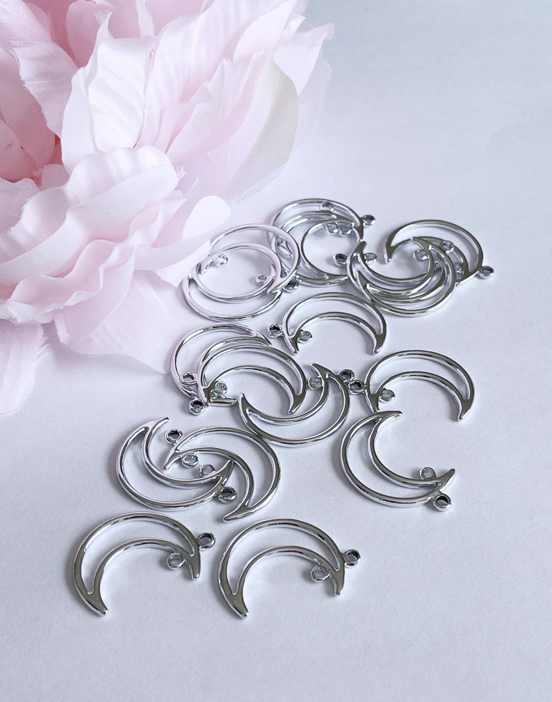 silver toned crescent moon hanger pendant large silver moon charm connectors 27mm moon phase 2 hole celestial jewelry findings, x 4 pcs image 3