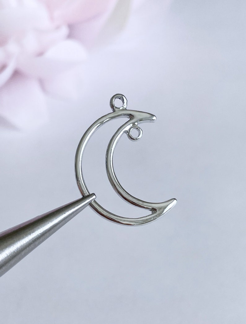 silver toned crescent moon hanger pendant large silver moon charm connectors 27mm moon phase 2 hole celestial jewelry findings, x 4 pcs image 1