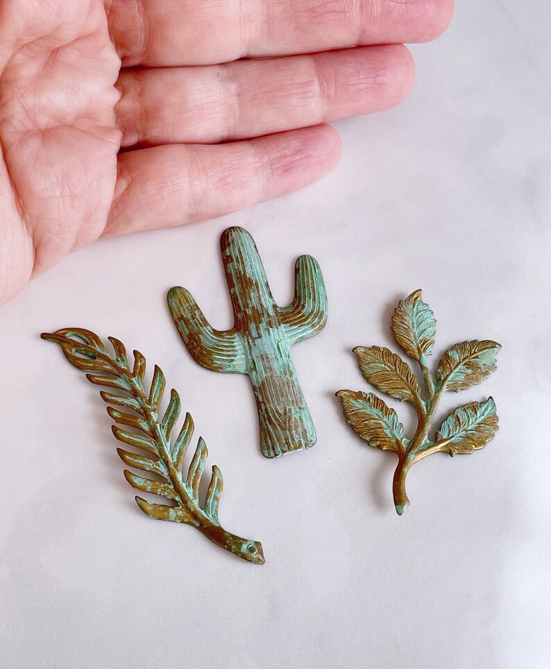 verdigris brass cactus leaf leaves green patina brass stampings desert nature boho jewelry findings, x 3 pcs image 3