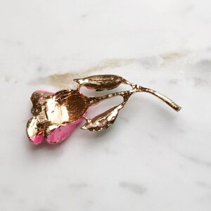 May include: A gold-tone rose brooch with pink enamel and a detailed stem. The rose is a classic design with a vintage feel.