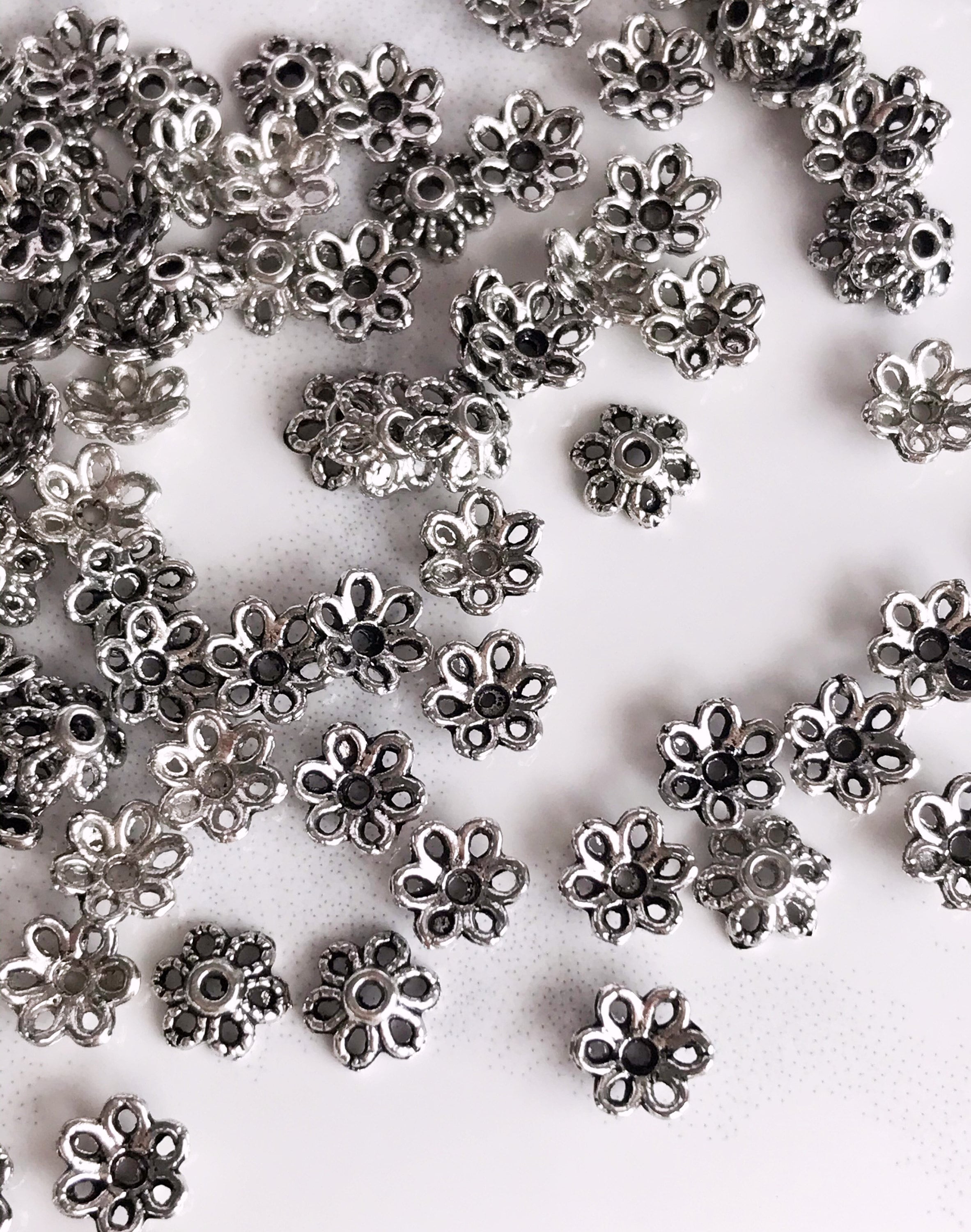 6 mm silver toned bead caps x 50 flower daisy floral filigree jewelry supplies, lot of 50 pcs