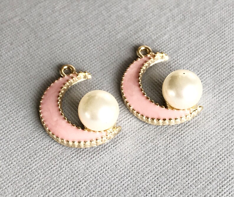 crescent moon charm x 2 pink moon pink enamel moon faux pearl moon celestial charm moon pendant gold moon bracelet earring supply 2 pcs