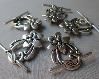 silver toned flower toggle clasp x 5 jewelry hook silver toned floral art nouveau lead free, lot of 5 sets