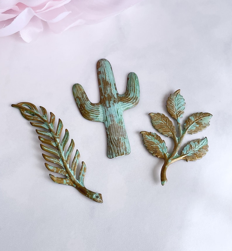 verdigris brass cactus leaf leaves green patina brass stampings desert nature boho jewelry findings, x 3 pcs image 1