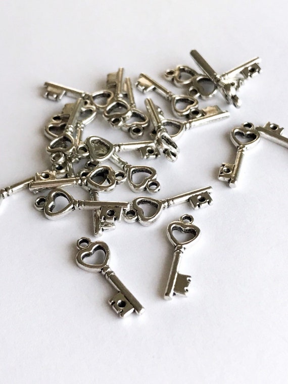 10Pcs Key Charms for Bracelets Tiny Necklace Heart Pendant Supplies Silver  Tone