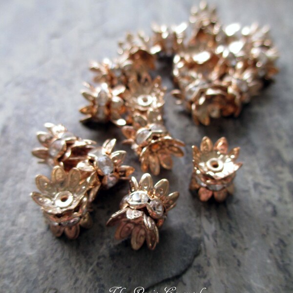 8 mm x 10 mm rhinestone bead caps spacer rose gold toned vintage style assemblage jewelry, lot of 10 pcs