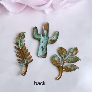 verdigris brass cactus leaf leaves green patina brass stampings desert nature boho jewelry findings, x 3 pcs image 4