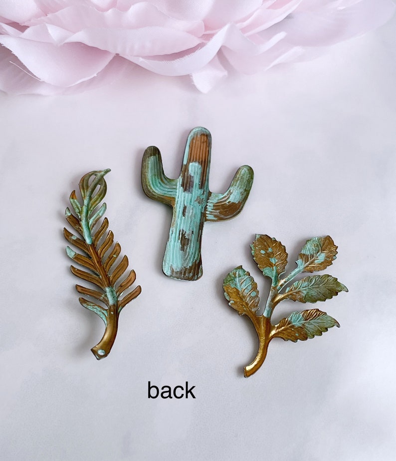 verdigris brass cactus leaf leaves green patina brass stampings desert nature boho jewelry findings, x 3 pcs image 4