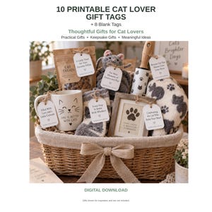 May include: A wicker basket containing a white mug with a cat face, a bag of cat treats, a gray plush cat toy, a lint roller, a small framed paw print picture, and fuzzy socks, all adorned with white gift tags featuring various cat-themed text.