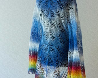 Hand Knit wool shawl in blue - white and rainbow on the ends.