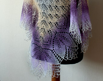 Lace wool shawl - peach-purple-grey colors