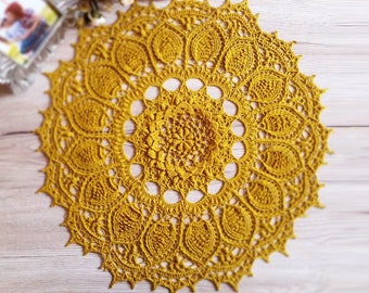 Linen crochet doily in mustard gold color.