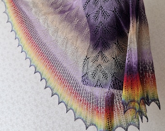 Hand Knit wool  shawl   with rainbow edges