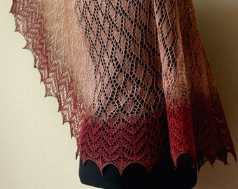 Hand knit linen shawl - ellegant wrap - latte+cherry+chocolate colors