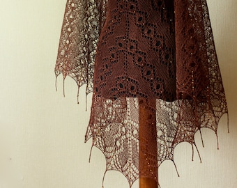 Hand knit linen shawl - Brown shawl with gold shade beads - femine lace shawl